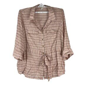 Cato Womens Plus Size 22/24W Plaid Button Front Blouse Pink Beige Tie Waist